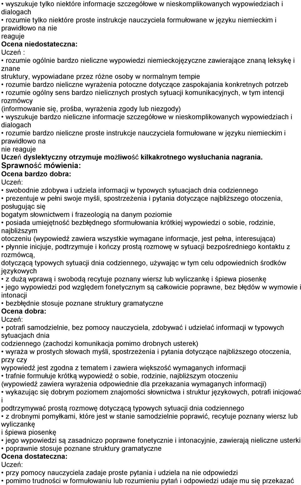 bardzo nieliczne wyrażenia potoczne dotyczące zaspokajania konkretnych potrzeb rozumie ogólny sens bardzo nielicznych prostych sytuacji komunikacyjnych, w tym intencji rozmówcy (informowanie się,