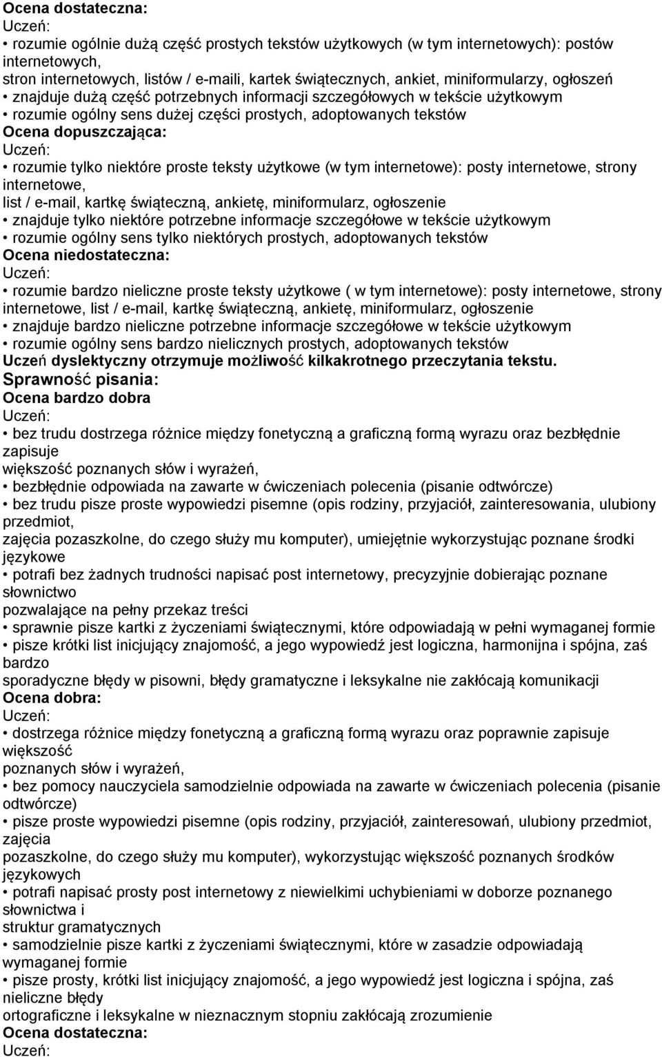 użytkowe (w tym internetowe): posty internetowe, strony internetowe, list / e-mail, kartkę świąteczną, ankietę, miniformularz, ogłoszenie znajduje tylko niektóre potrzebne informacje szczegółowe w