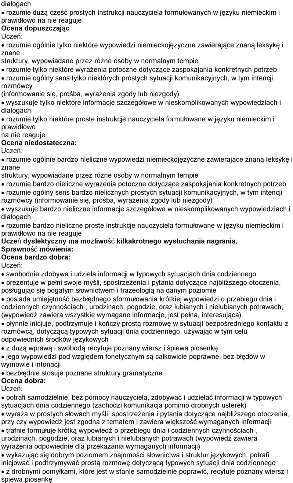 tylko niektórych prostych sytuacji komunikacyjnych, w tym intencji rozmówcy (informowanie się, prośba, wyrażenia zgody lub niezgody) wyszukuje tylko niektóre informacje szczegółowe w