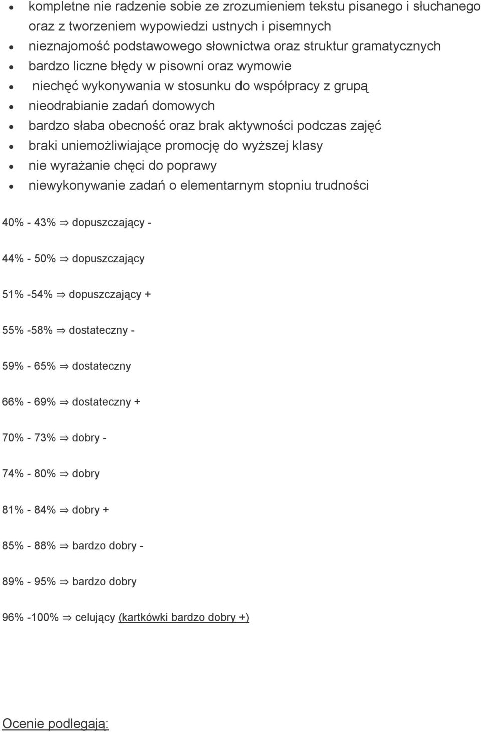 promocję do wyższej klasy nie wyrażanie chęci do poprawy niewykonywanie zadań o elementarnym stopniu trudności 40% - 43% dopuszczający - 44% - 50% dopuszczający 51% -54% dopuszczający + 55% -58%