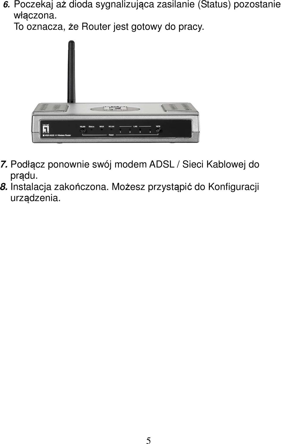 7. Podłącz ponownie swój modem ADSL / Sieci Kablowej do prądu.