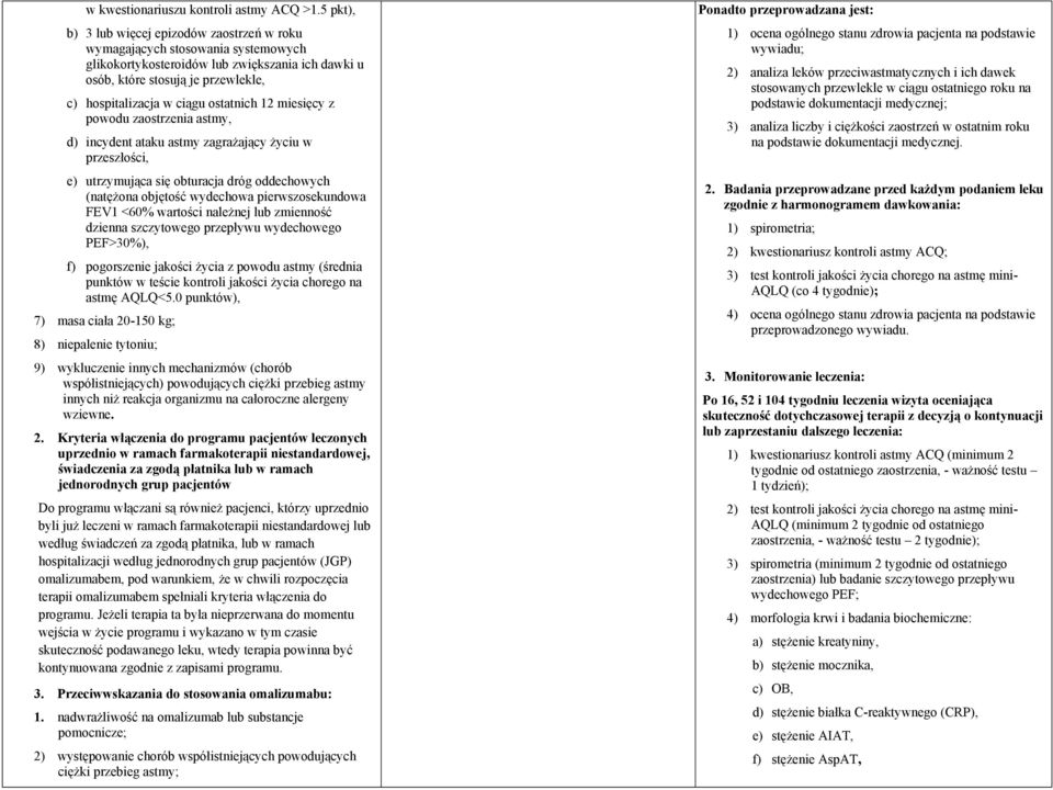 ostatnich 12 miesięcy z powodu zaostrzenia astmy, d) incydent ataku astmy zagrażający życiu w przeszłości, e) utrzymująca się obturacja dróg oddechowych (natężona objętość wydechowa pierwszosekundowa