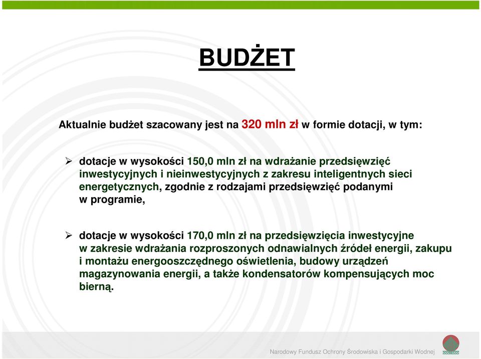 podanymi w programie, dotacje w wysokości 170,0 mln zł na przedsięwzięcia inwestycyjne w zakresie wdrażania rozproszonych odnawialnych