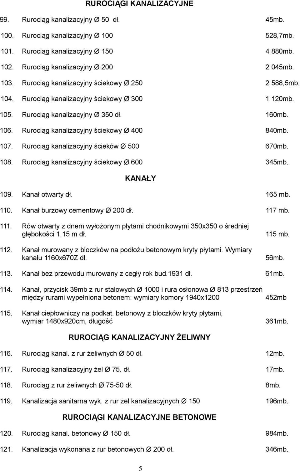 Rurociąg kanalizacyjny ścieków Ø 500 670mb. 108. Rurociąg kanalizacyjny ściekowy Ø 600 345mb. KANAŁY 109. Kanał otwarty dł. 165 mb. 110. Kanał burzowy cementowy Ø 200 dł. 117 mb. 111.