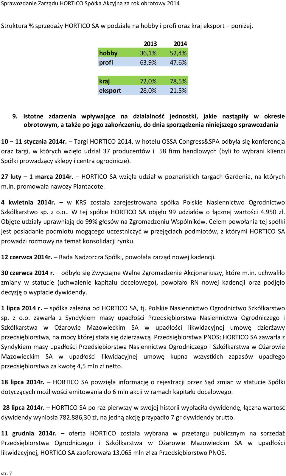 Targi HORTICO 2014, w hotelu OSSA Congress&SPA odbyła się konferencja oraz targi, w których wzięło udział 37 producentów i 58 firm handlowych (byli to wybrani klienci Spółki prowadzący sklepy i