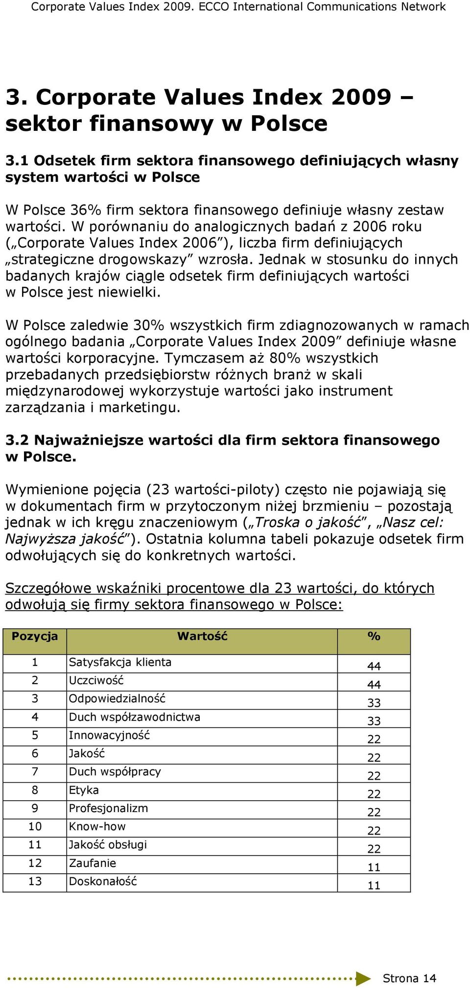 W porównaniu do analogicznych badań z 2006 roku ( Corporate Values Index 2006 ), liczba firm definiujących strategiczne drogowskazy wzrosła.