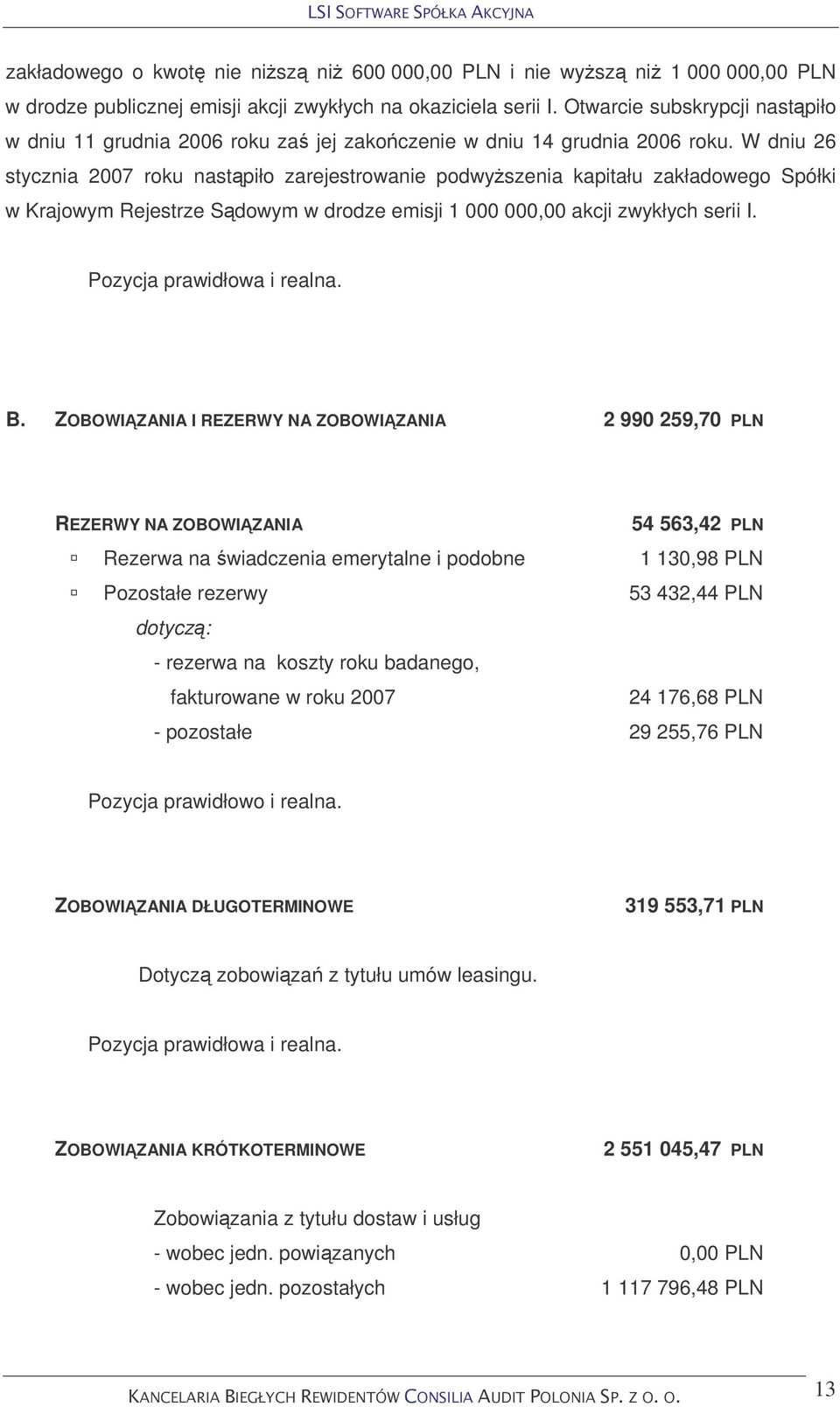 W dniu 26 stycznia 2007 roku nastpiło zarejestrowanie podwyszenia kapitału zakładowego Spółki w Krajowym Rejestrze Sdowym w drodze emisji 1 000 000,00 akcji zwykłych serii I.