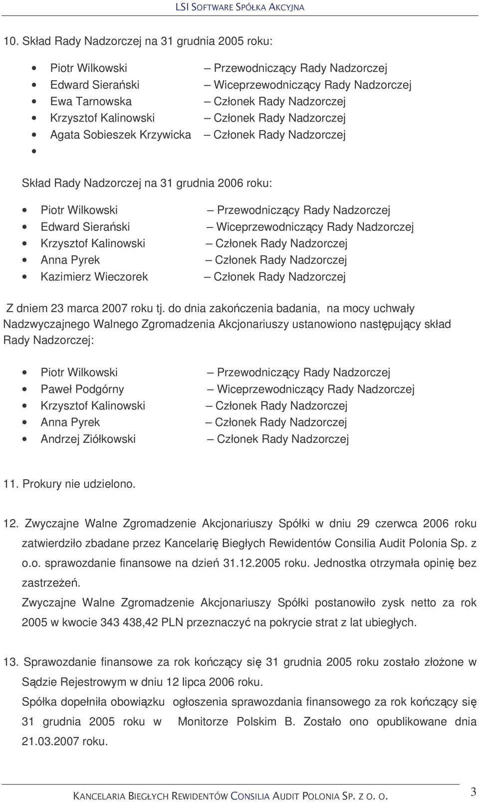 Wiceprzewodniczcy Rady Nadzorczej Krzysztof Kalinowski Członek Rady Nadzorczej Anna Pyrek Członek Rady Nadzorczej Kazimierz Wieczorek Członek Rady Nadzorczej Z dniem 23 marca 2007 roku tj.