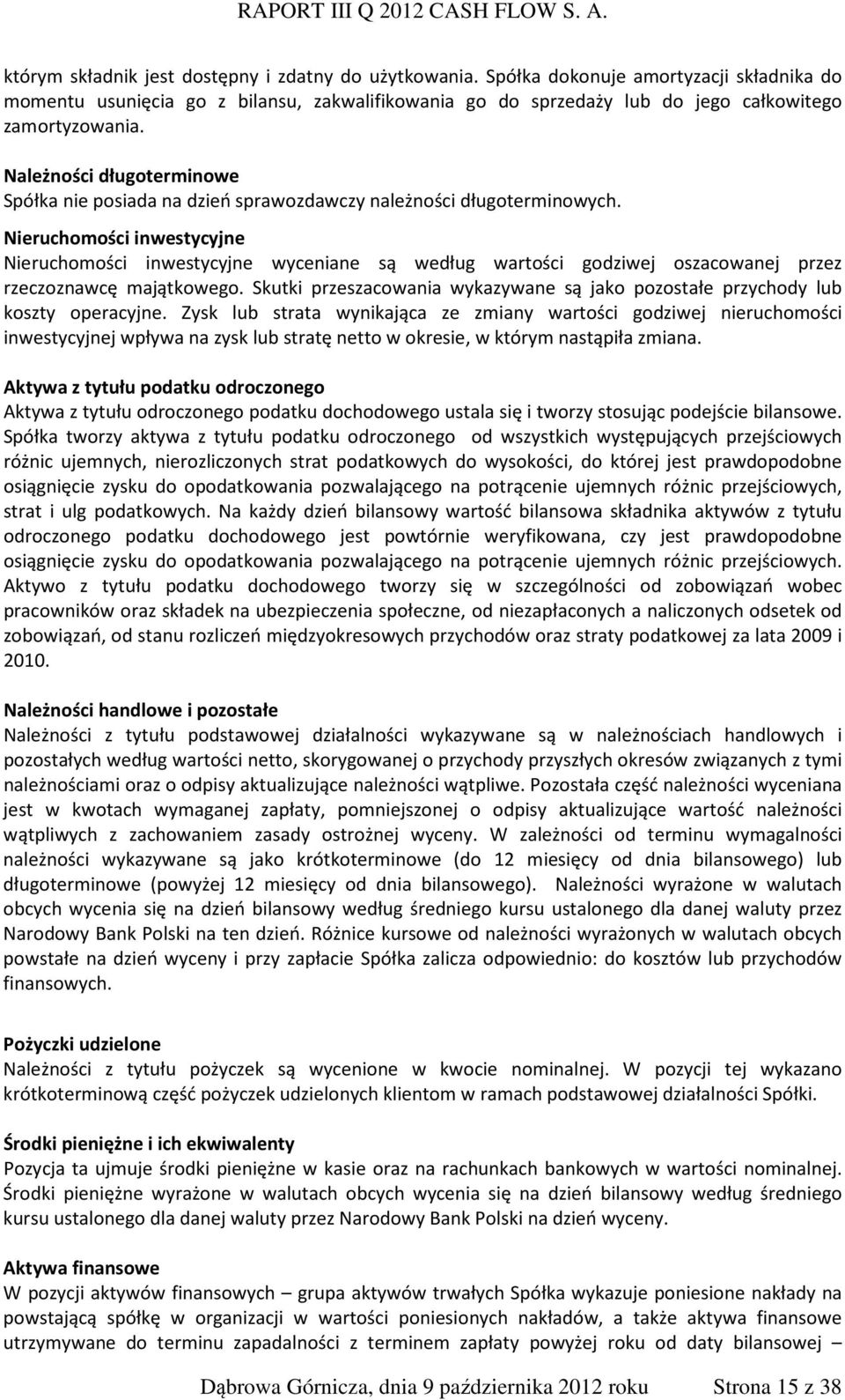 Nieruchomości inwestycyjne Nieruchomości inwestycyjne wyceniane są według wartości godziwej oszacowanej przez rzeczoznawcę majątkowego.