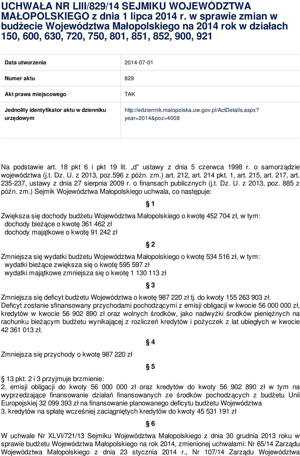 Jednolity identyfikator aktu w dzienniku urzędowym http://edziennik.malopolska.uw.gov.pl/actdetails.aspx? year=2014&poz=4008 Na podstawie art. 18 pkt 6 i pkt 19 lit. d ustawy z dnia 5 czerwca 1998 r.