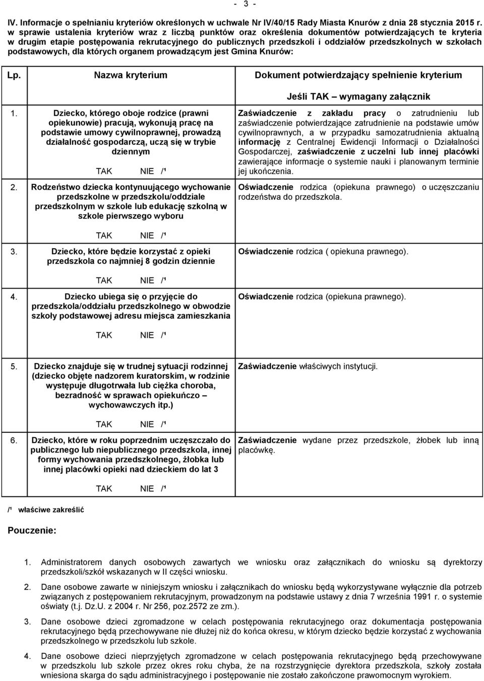 przedszkolnych w szkołach podstawowych, dla których organem prowadzącym jest Gmina Knurów: Lp. Nazwa kryterium Dokument potwierdzający spełnienie kryterium Jeśli TAK wymagany załącznik 1.