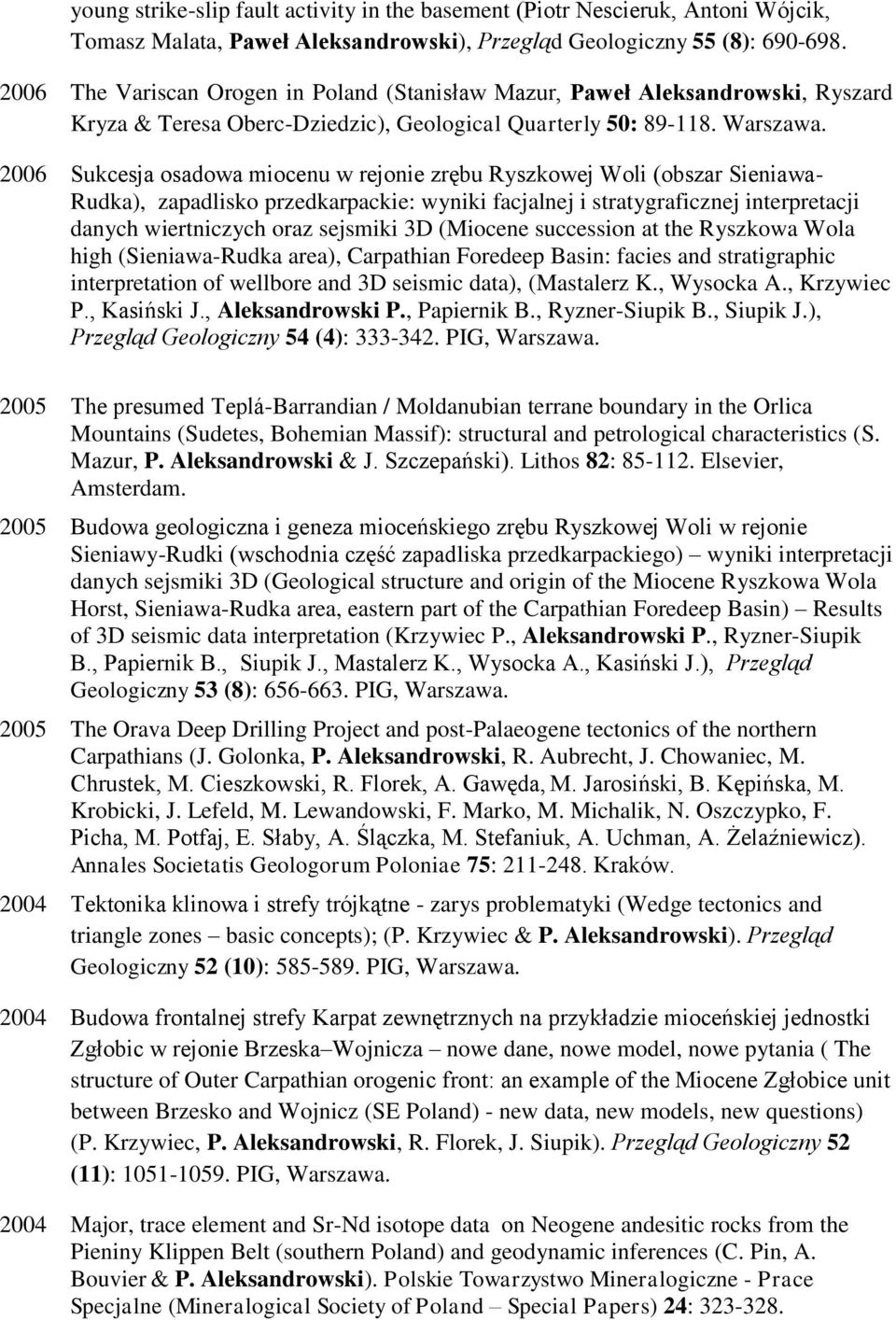 2006 Sukcesja osadowa miocenu w rejonie zrębu Ryszkowej Woli (obszar Sieniawa- Rudka), zapadlisko przedkarpackie: wyniki facjalnej i stratygraficznej interpretacji danych wiertniczych oraz sejsmiki