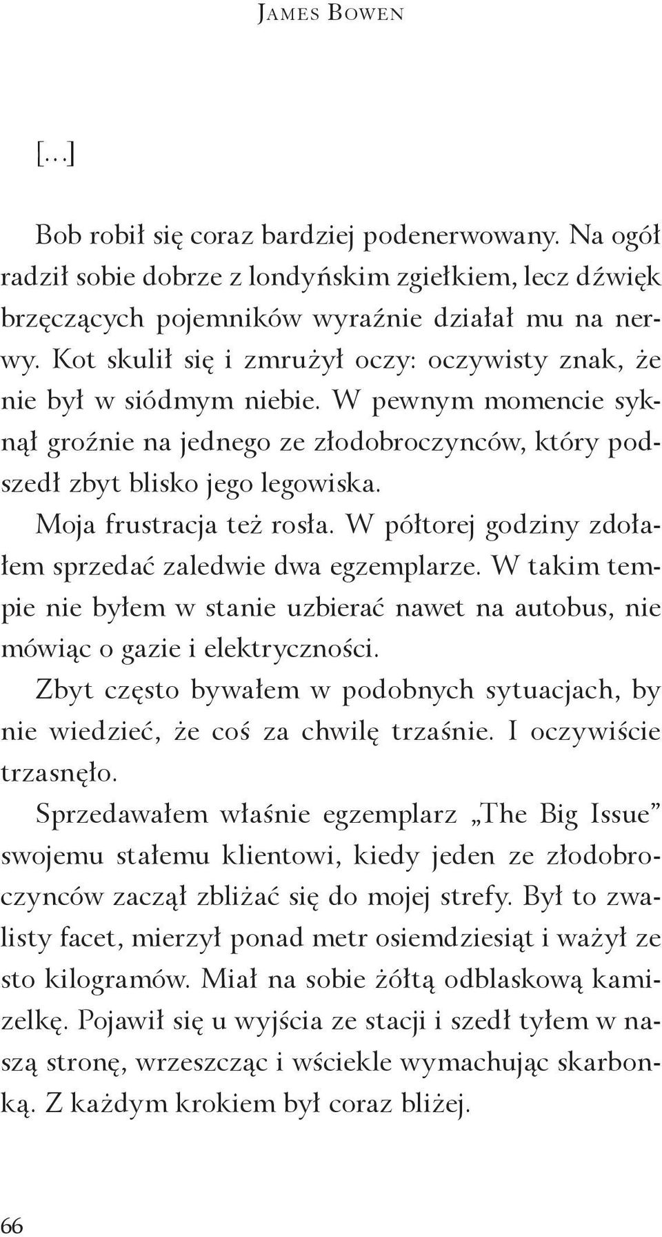 Moja frustracja też rosła. W półtorej godziny zdołałem sprzedać zaledwie dwa egzemplarze. W takim tempie nie byłem w stanie uzbierać nawet na autobus, nie mówiąc o gazie i elektryczności.