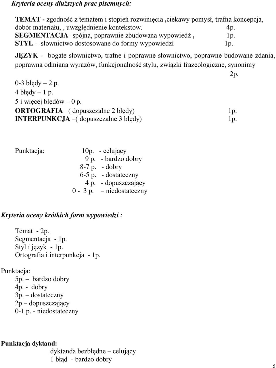 JĘZYK - bogate słownictwo, trafne i poprawne słownictwo, poprawne budowane zdania, poprawna odmiana wyrazów, funkcjonalność stylu, związki frazeologiczne, synonimy 2p. 0-3 błędy 2 p. 4 błędy 1 p.