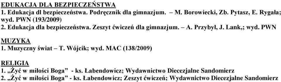 PWN MUZYKA 1. Muzyczny świat T. Wójcik; wyd. MAC (138/2009) RELIGIA 1. Żyć w miłości Boga - ks.