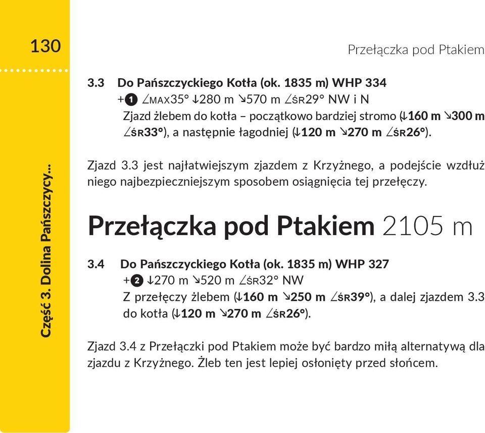 3 jest najłatwiejszym zjazdem z Krzyżnego, a podejście wzdłuż niego najbezpieczniejszym sposobem osiągnięcia tej przełęczy. Przełączka pod Ptakiem 2105 m 3.