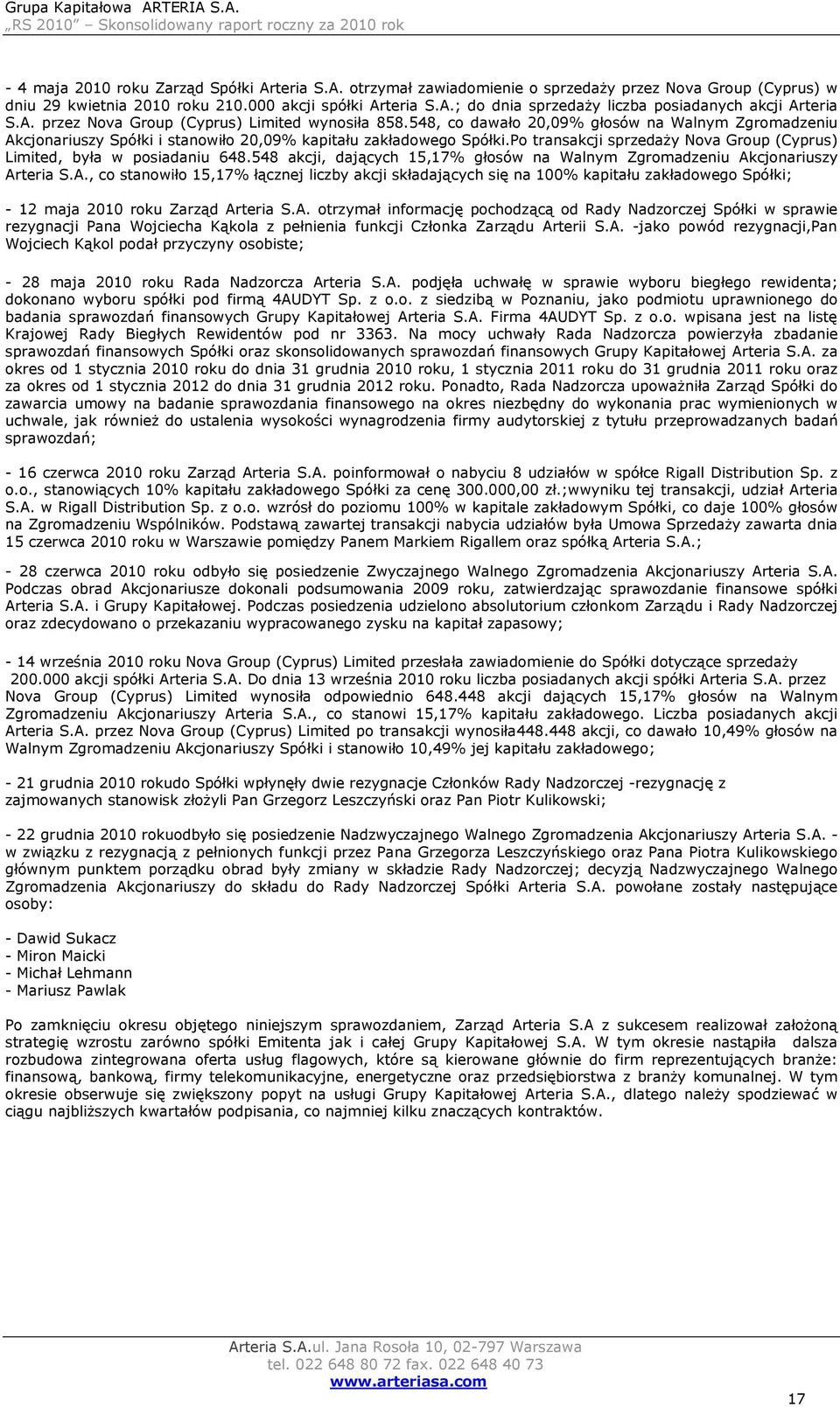 Po transakcji sprzedaży Nova Group (Cyprus) Limited, była w posiadaniu 648.548 akcji, dających 15,17% głosów na Walnym Zgromadzeniu Ak