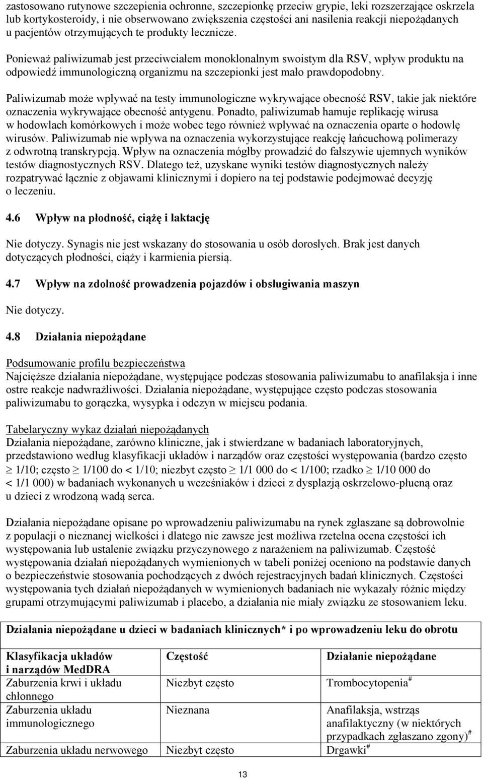 Ponieważ paliwizumab jest przeciwciałem monoklonalnym swoistym dla RSV, wpływ produktu na odpowiedź immunologiczną organizmu na szczepionki jest mało prawdopodobny.