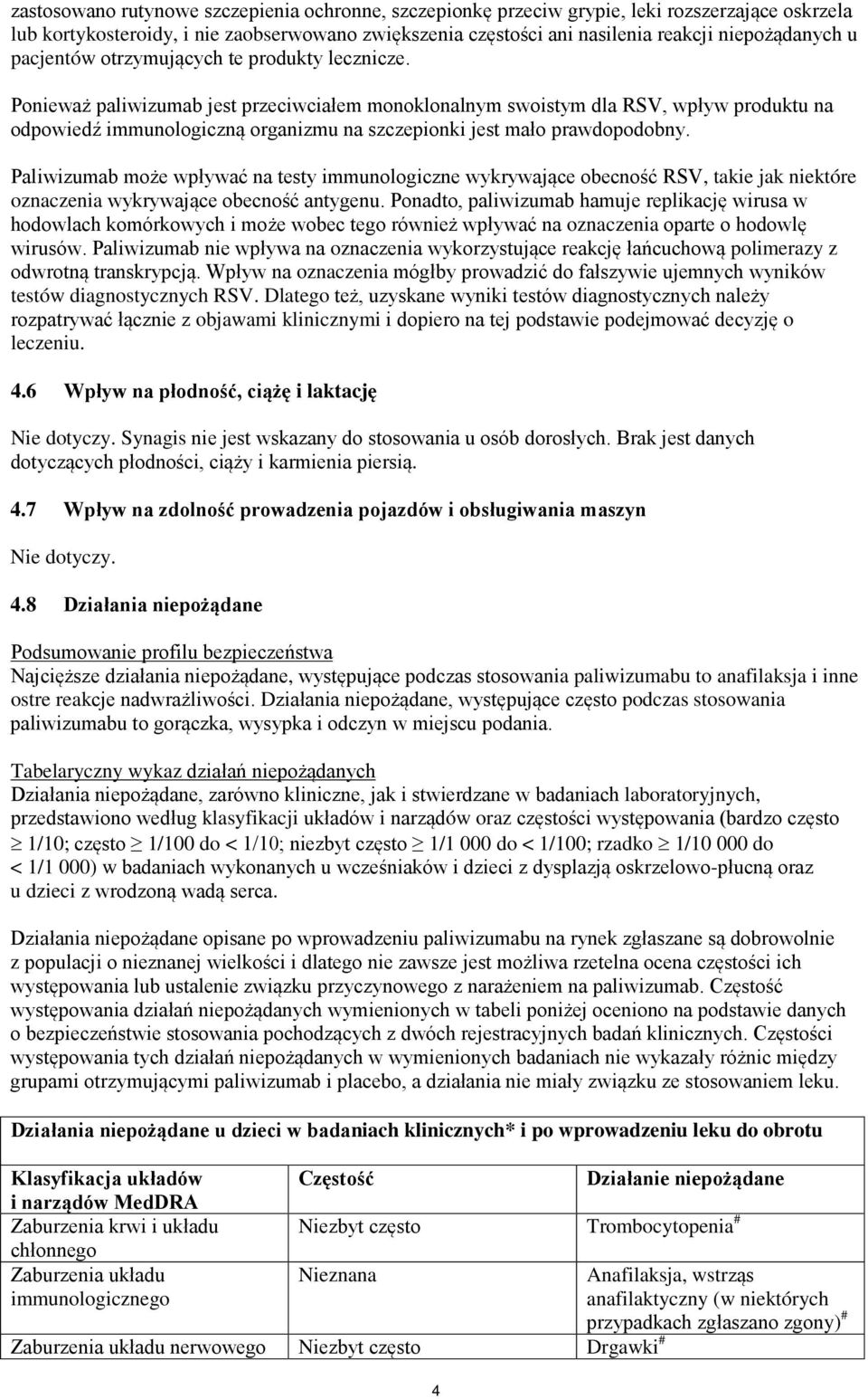 Ponieważ paliwizumab jest przeciwciałem monoklonalnym swoistym dla RSV, wpływ produktu na odpowiedź immunologiczną organizmu na szczepionki jest mało prawdopodobny.