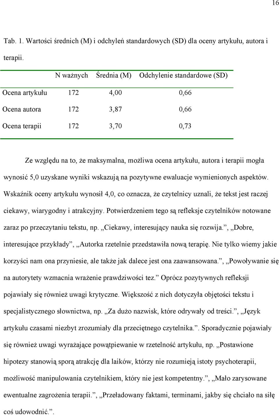 terapii mogła wynosić 5,0 uzyskane wyniki wskazują na pozytywne ewaluacje wymienionych aspektów.