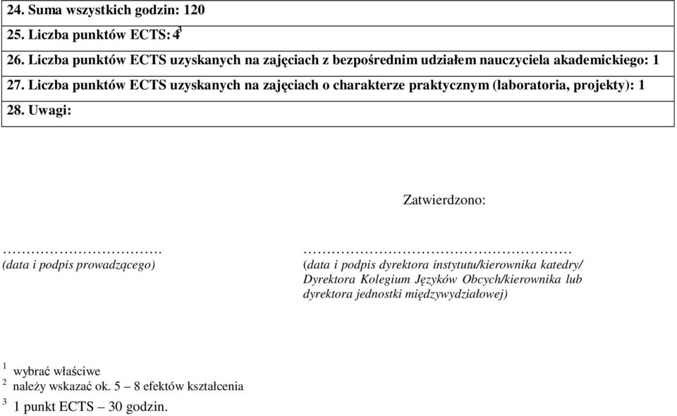 Liczba punktów ECTS uzyskanych na zajęciach o charakterze praktycznym (laboratoria, projekty): 1 28. Uwagi: Zatwierdzono:.