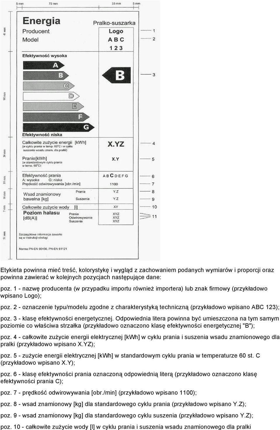 Odpowiednia litera powinna być umieszczona na tym samym poziomie co właściwa strzałka (przykładowo oznaczono klasę efektywności energetycznej "B"); poz.