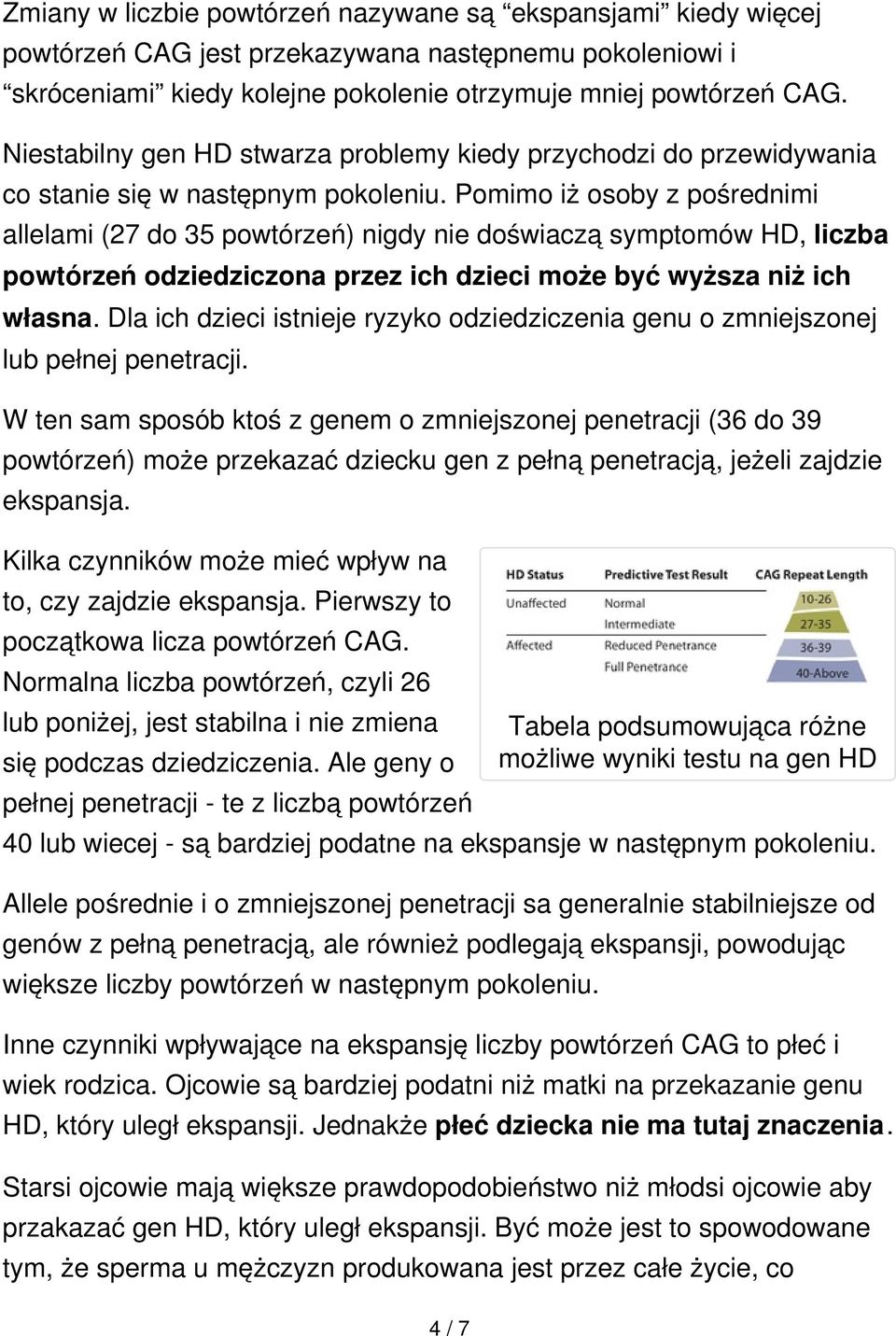 Pomimo iż osoby z pośrednimi allelami (27 do 35 powtórzeń) nigdy nie doświaczą symptomów HD, liczba powtórzeń odziedziczona przez ich dzieci może być wyższa niż ich własna.