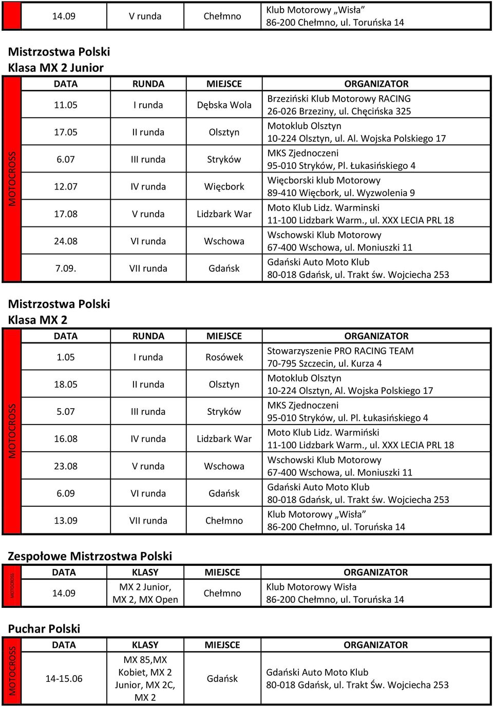 05 II runda Olsztyn 95-010 Stryków, ul. Pl. Łukasińskiego 4 16.08 IV runda Lidzbark War 23.08 V runda Wschowa 6.09 VI runda Gdańsk 13.