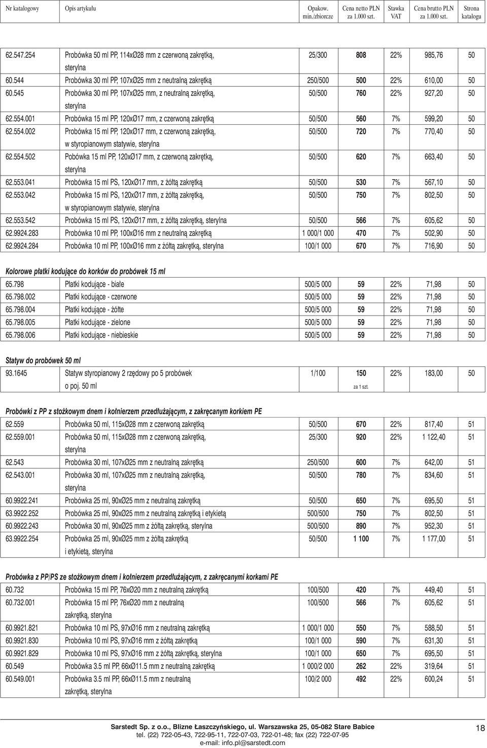 001 Probówka 15 ml PP, 120xØ17 mm, z czerwonà zakr tkà 50/500 560 7% 599,20 50 62.554.