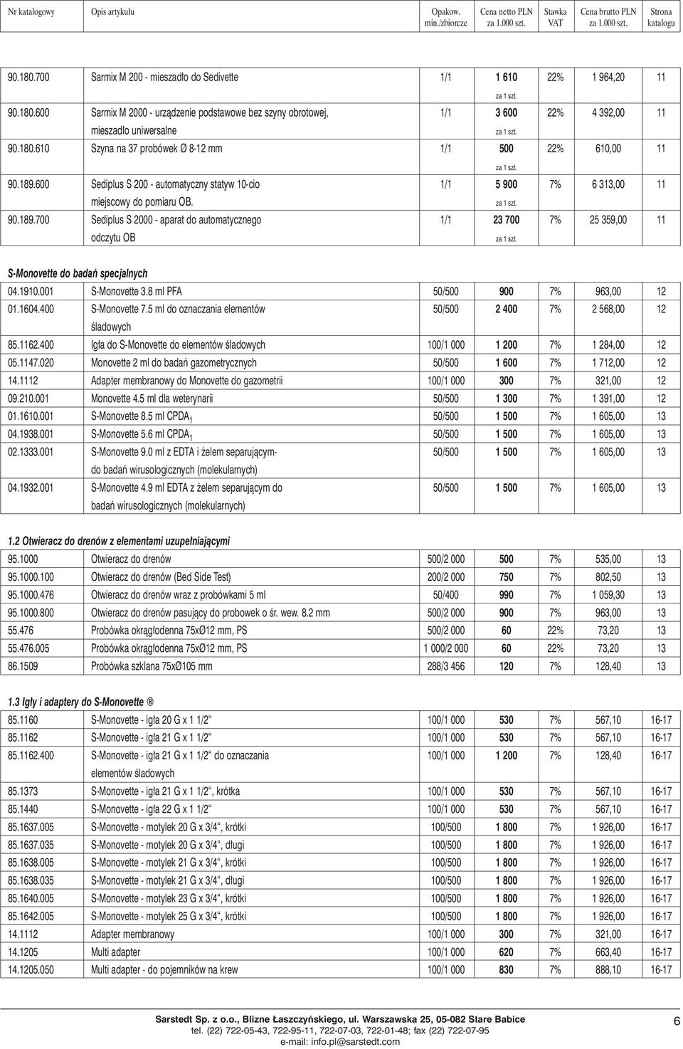 za 1 szt. za 1 szt. za 1 szt. za 1 szt. S-Monovette do badaƒ specjalnych 04.1910.001 S-Monovette 3.8 ml PFA 50/500 900 7% 963,00 12 01.1604.400 S-Monovette 7.