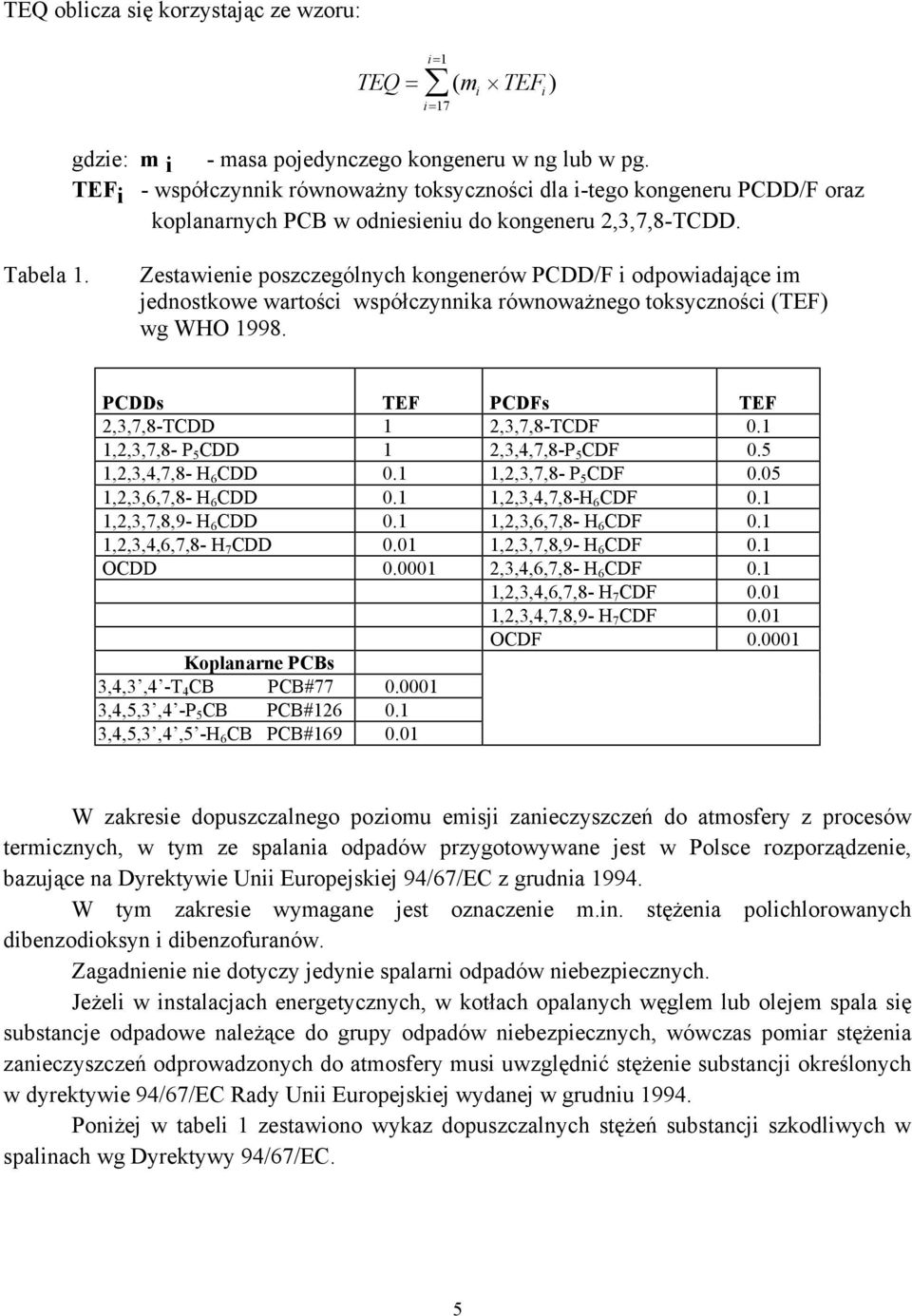 Zestawienie poszczególnych kongenerów PCDD/F i odpowiadające im jednostkowe wartości współczynnika równoważnego toksyczności (TEF) wg WHO 1998. PCDDs TEF PCDFs TEF 2,3,7,8-TCDD 1 2,3,7,8-TCDF 0.