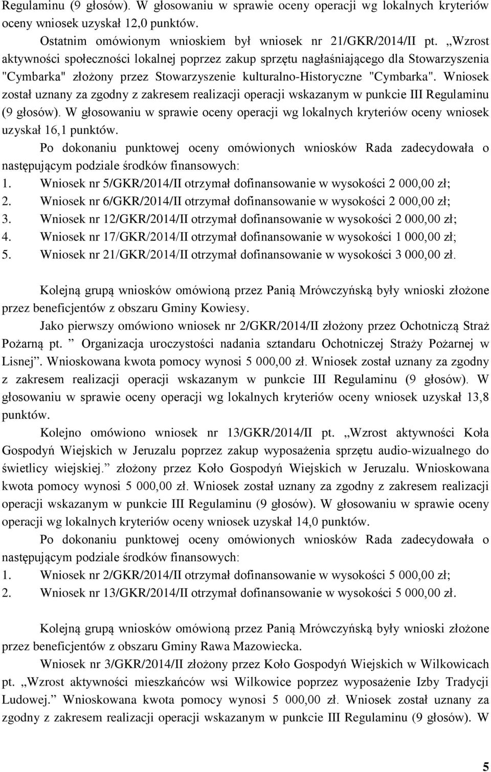 Wniosek został uznany za zgodny z zakresem realizacji operacji wskazanym w punkcie III Regulaminu (9 głosów).