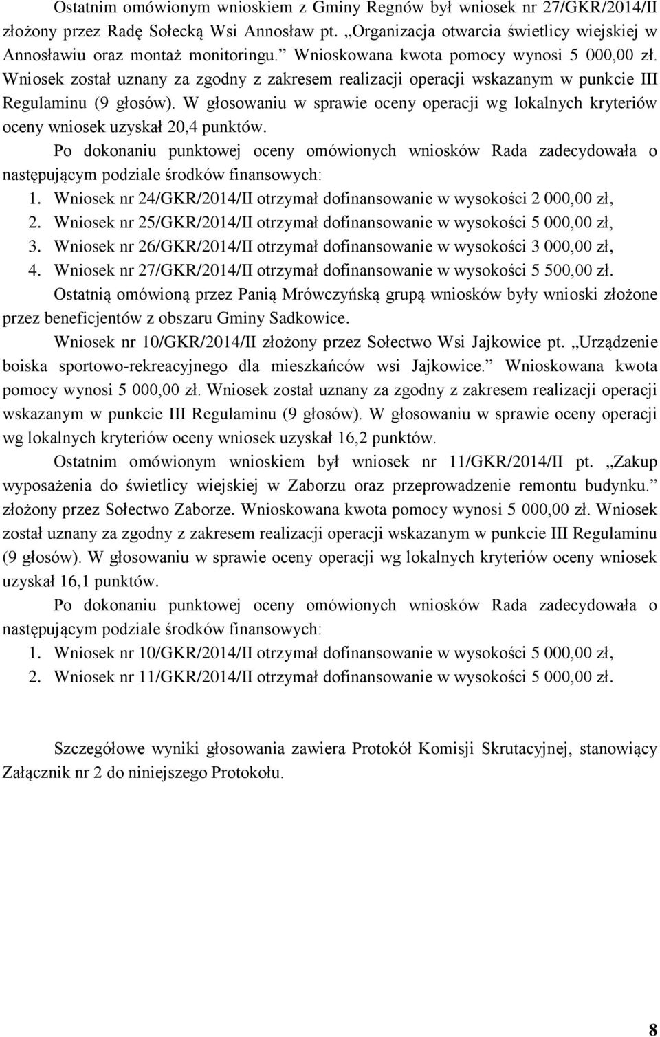 Wniosek nr 25/GKR/2014/II otrzymał dofinansowanie w wysokości 5 000,00 zł, 3. Wniosek nr 26/GKR/2014/II otrzymał dofinansowanie w wysokości 3 000,00 zł, 4.
