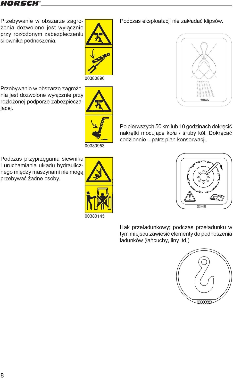 00380972 00380953 Po pierwszych 50 km lub 10 godzinach dokręcić nakrętki mocujące koła / śruby kół. Dokręcać codziennie patrz plan konserwacji.