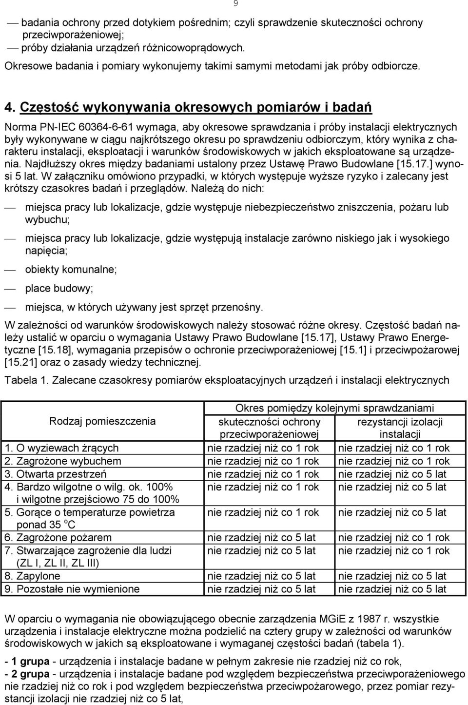 Częstość wykonywania okresowych pomiarów i badań Norma PN-IEC 60364-6-61 wymaga, aby okresowe sprawdzania i próby instalacji elektrycznych były wykonywane w ciągu najkrótszego okresu po sprawdzeniu