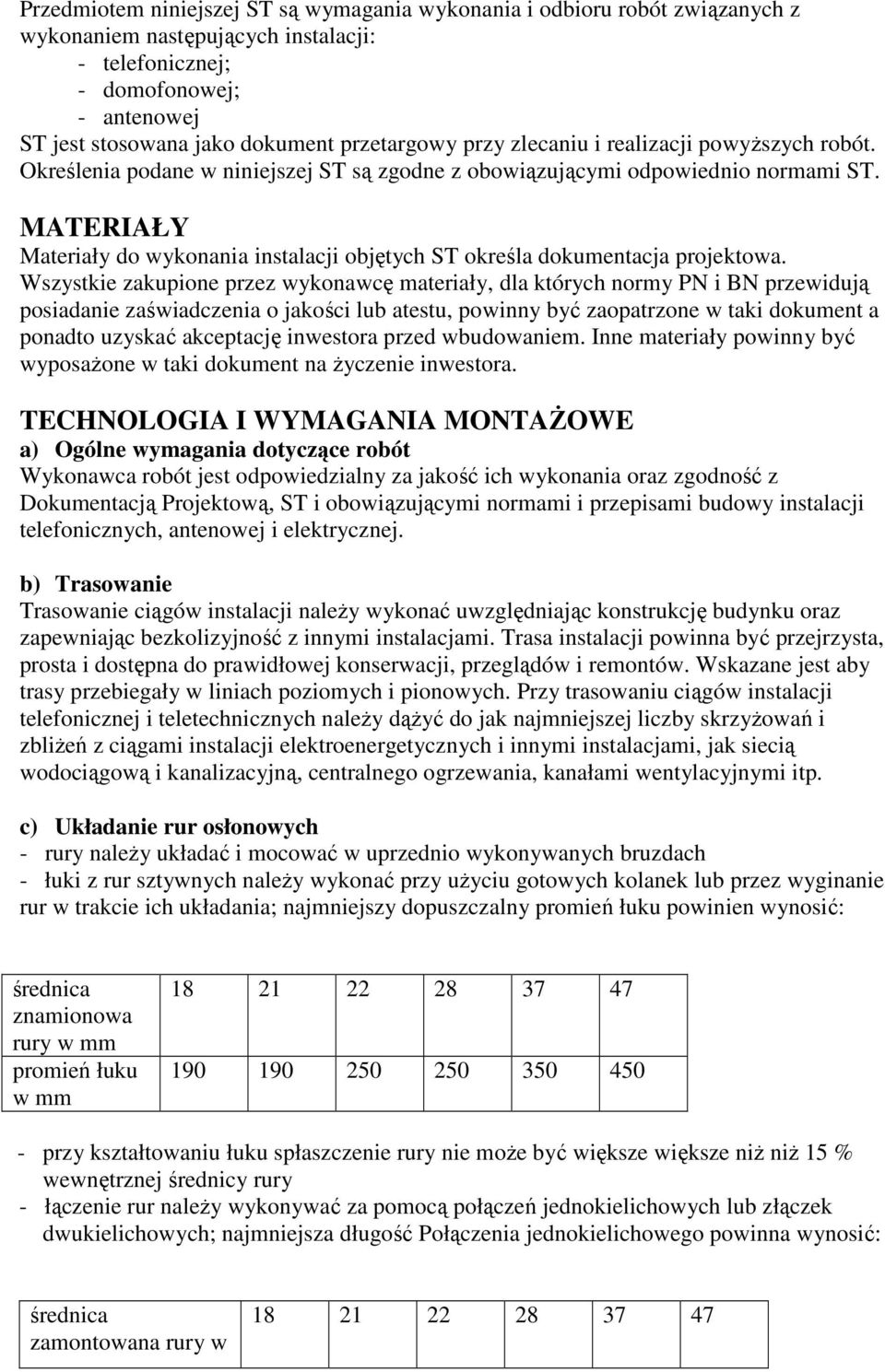 MATERIAŁY Materiały do wykonania instalacji objętych ST określa dokumentacja projektowa.