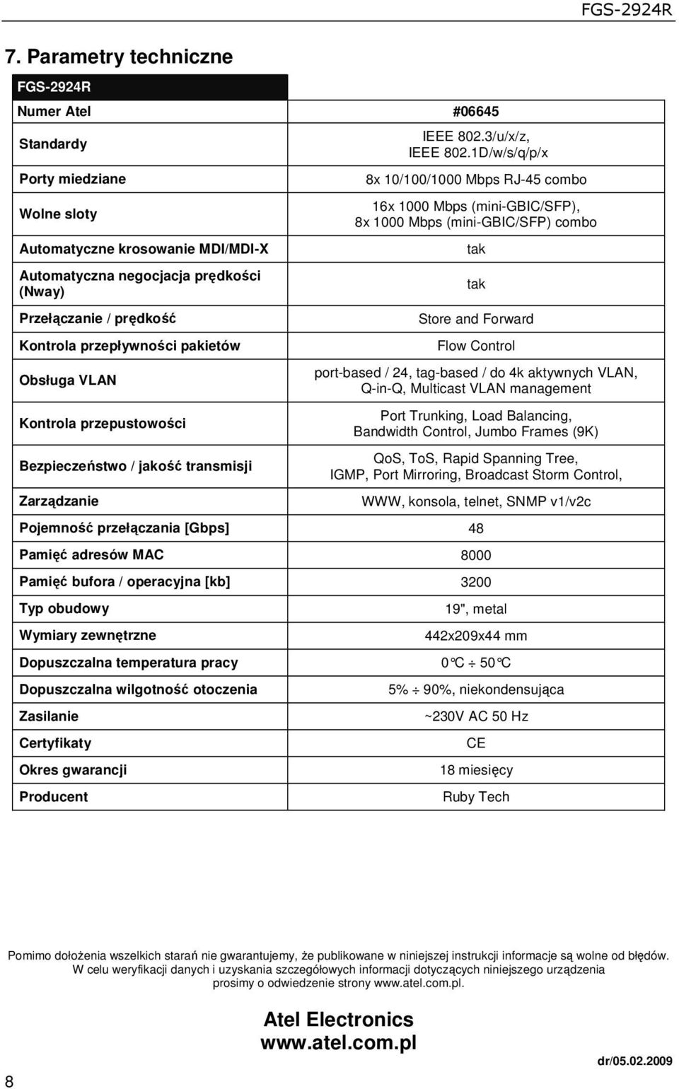 1D/w/s/q/p/x 8x 10/100/1000 Mbps RJ-45 combo 16x 1000 Mbps (mini-gbic/sfp), 8x 1000 Mbps (mini-gbic/sfp) combo tak tak Store and Forward Flow Control FGS-2924R port-based / 24, tag-based / do 4k