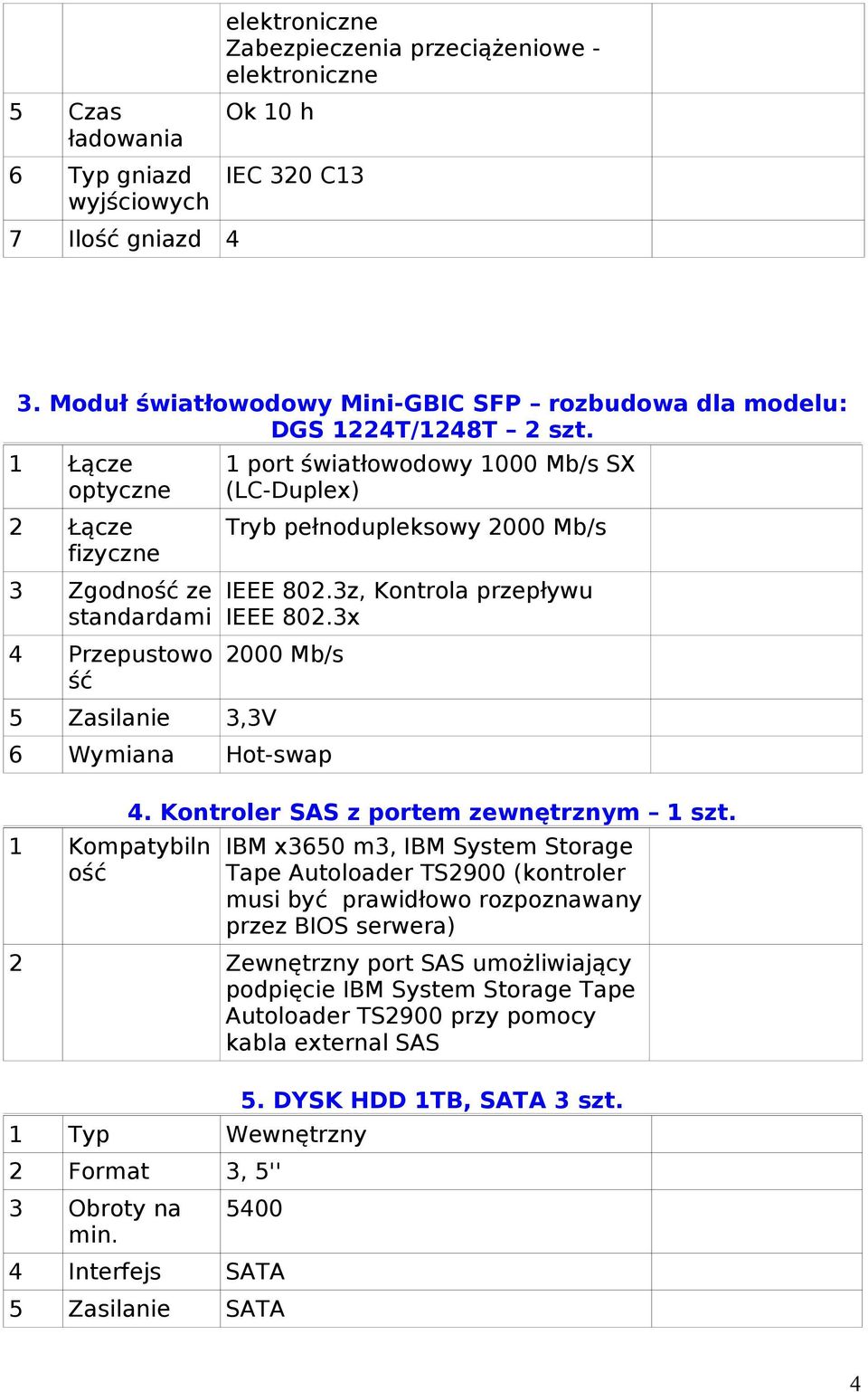 1 Łącze optyczne 2 Łącze fizyczne 3 Zgodność ze standardami 4 Przepustowo ść 5 Zasilanie 3,3V 1 port światłowodowy 1000 Mb/s SX (LC-Duplex) Tryb pełnodupleksowy 2000 Mb/s IEEE 802.