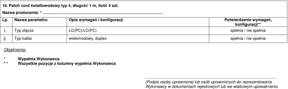 Typ kabla wielomodowy, duplex Objaśnienia: * Wypełnia Wykonawca * * Wszystkie pozycje z