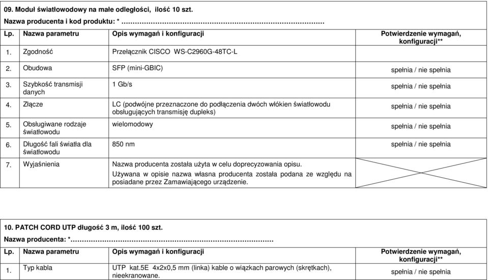 Obsługiwane rodzaje światłowodu 6. Długość fali światła dla światłowodu wielomodowy 850 nm 7. Wyjaśnienia Nazwa producenta została użyta w celu doprecyzowania opisu.