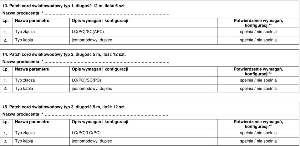 Patch cord światłowodowy typ 2, długość 5 m, ilość 12 szt. Nazwa producenta: * 1.