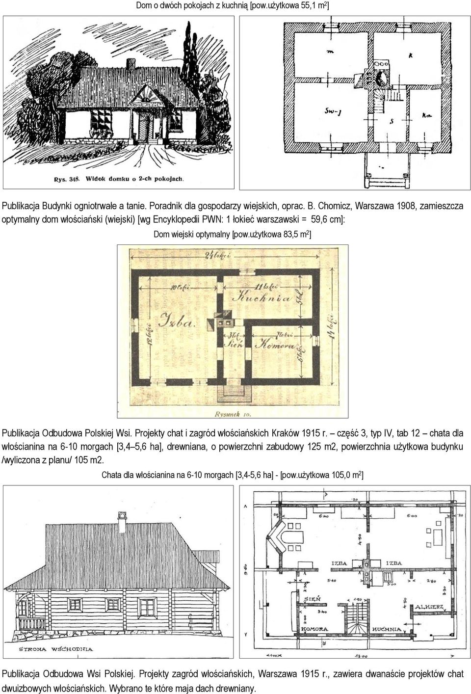 Chomicz, Warszawa 1908, zamieszcza optymalny dom włościański (wiejski) [wg Encyklopedii PWN: 1 łokieć warszawski = 59,6 cm]: Dom wiejski optymalny [pow.