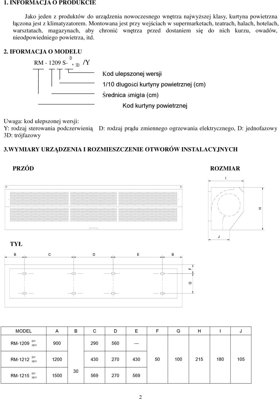 . IFORMACJA O MODELU RM - 09 S- D, D /Y Kod ulepszonej wersji /0 długości kurtyny powietrznej (cm) Średnica śmigła (cm) Kod kurtyny powietrznej Uwaga: kod ulepszonej wersji: Y: rodzaj sterowania