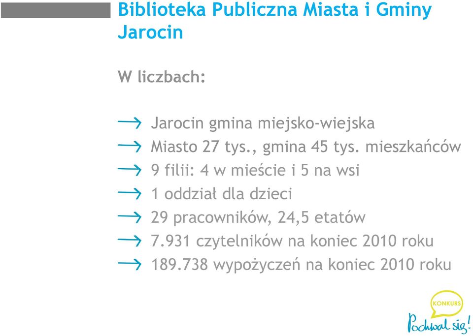 mieszkańców 9 filii: 4 w mieście i 5 na wsi 1 oddział dla dzieci 29