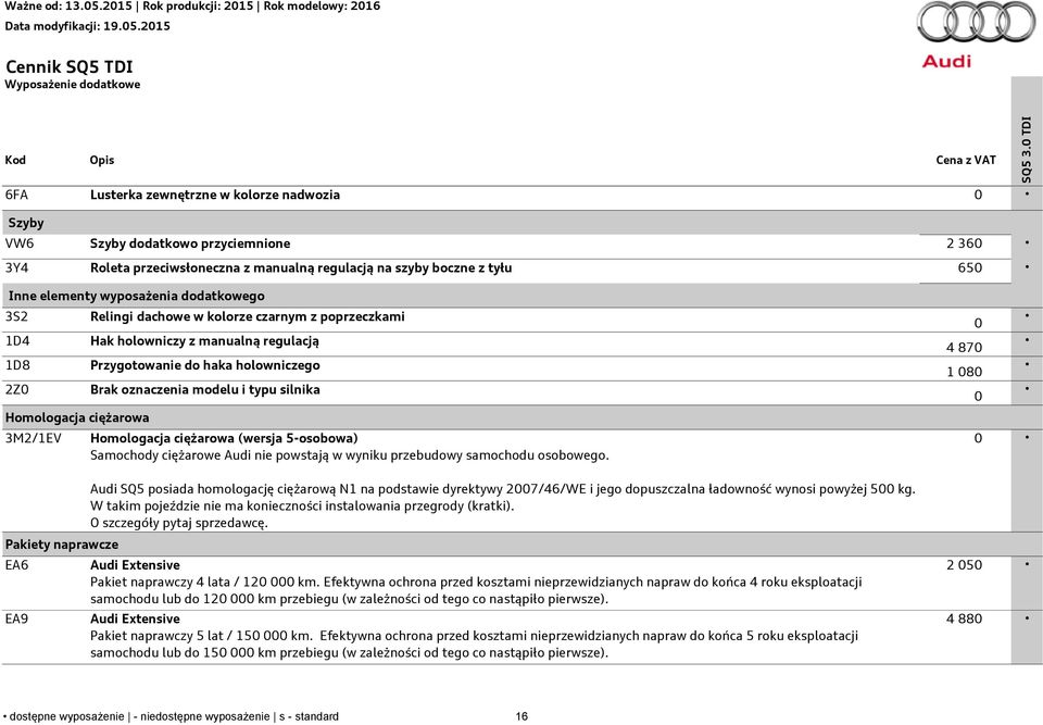 Przygotowanie do haka holowniczego Brak oznaczenia modelu i typu silnika Homologacja ciężarowa (wersja 5-osobowa) Samochody ciężarowe Audi nie powstają w wyniku przebudowy samochodu osobowego.