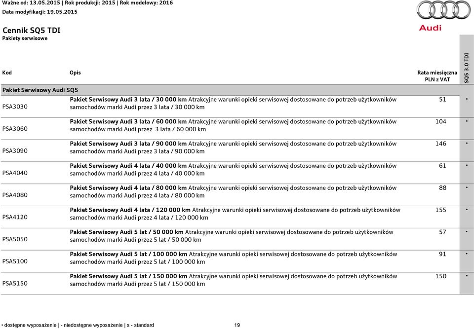 serwisowej dostosowane do potrzeb użytkowników samochodów marki Audi przez 3 lata / 60 000 km Pakiet Serwisowy Audi 3 lata / 90 000 km Atrakcyjne warunki opieki serwisowej dostosowane do potrzeb