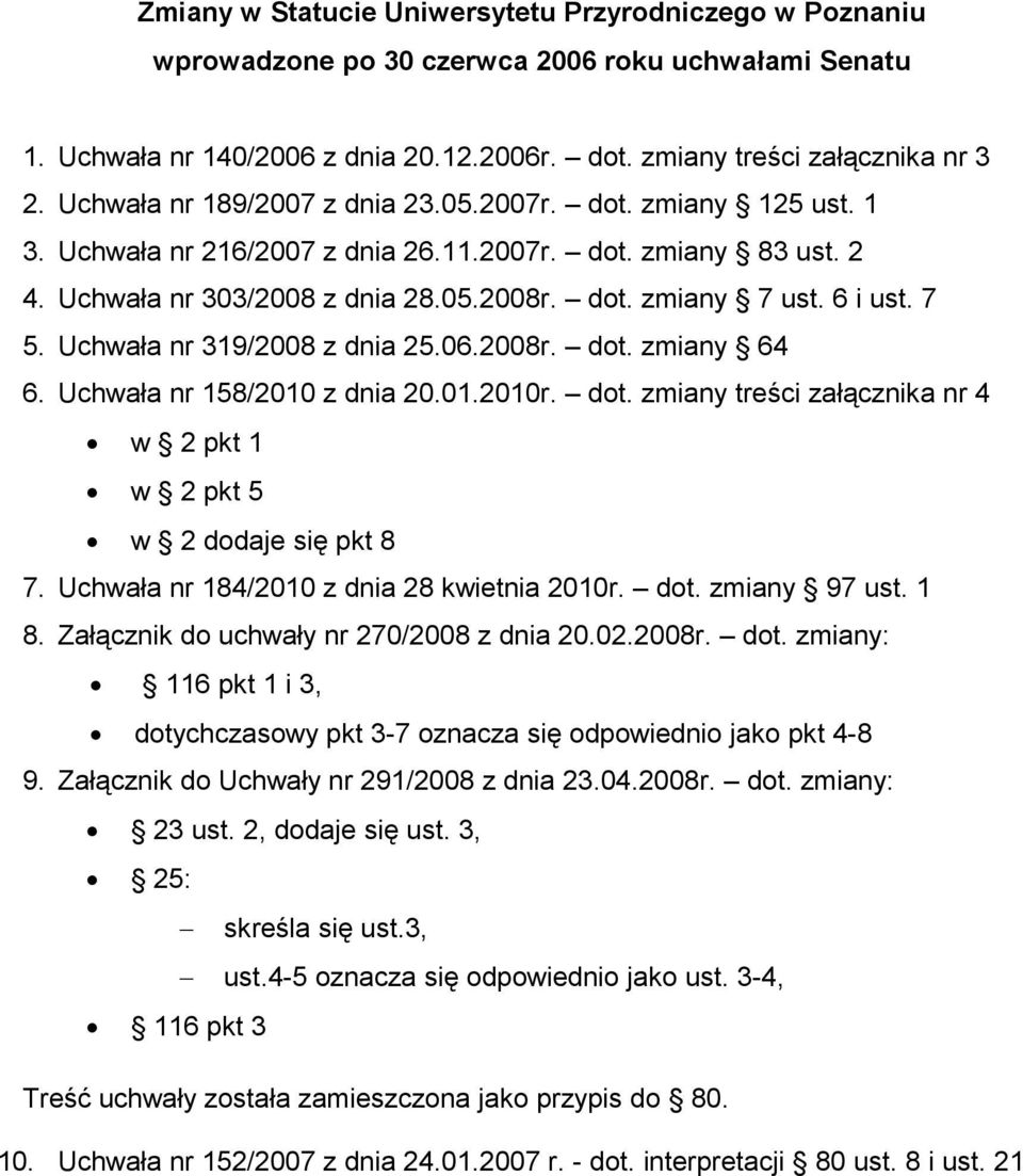 7 5. Uchwała nr 319/2008 z dnia 25.06.2008r. dot. zmiany 64 6. Uchwała nr 158/2010 z dnia 20.01.2010r. dot. zmiany treści załącznika nr 4 w 2 pkt 1 w 2 pkt 5 w 2 dodaje się pkt 8 7.