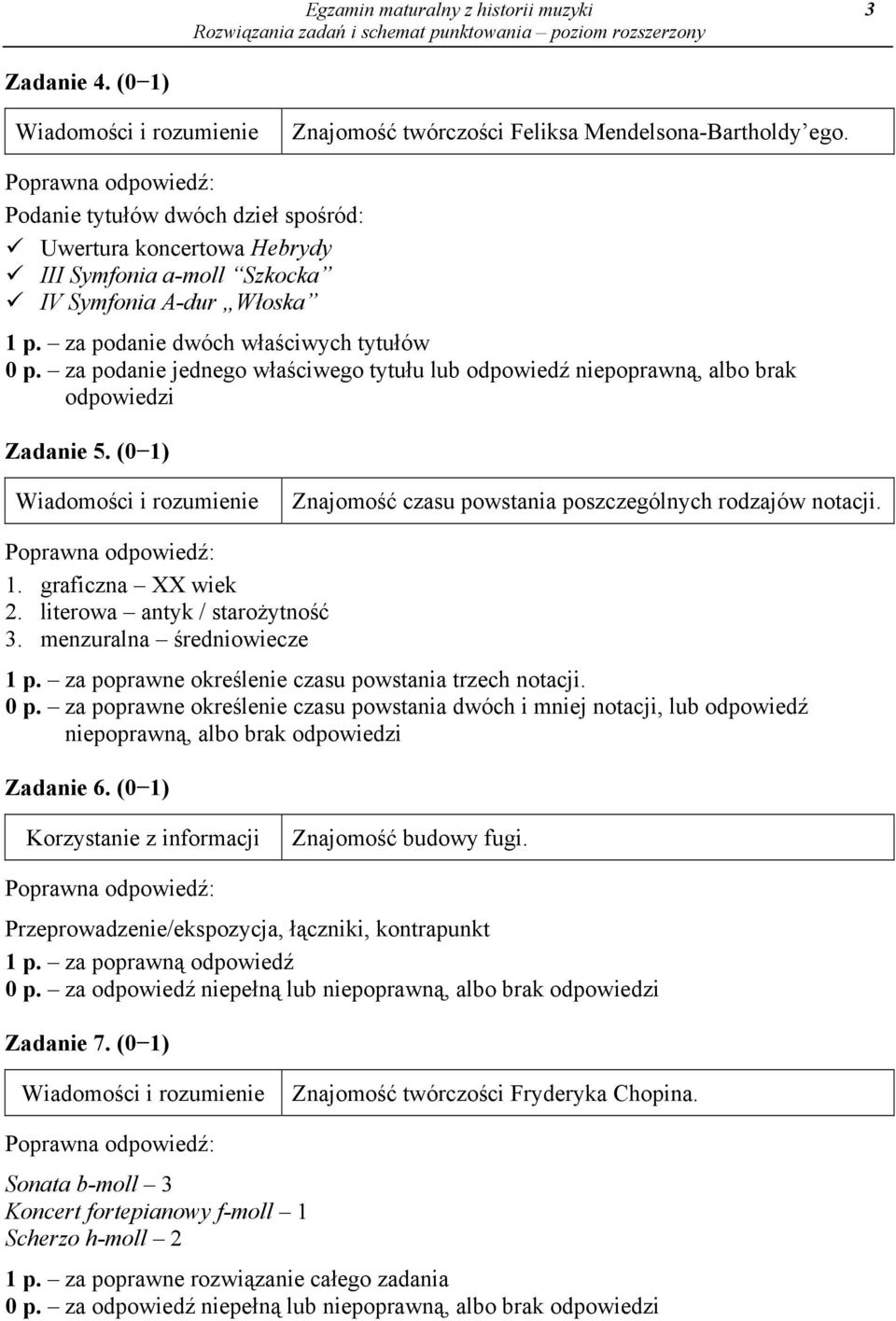 za podanie jednego właściwego tytułu lub odpowiedź niepoprawną, albo brak odpowiedzi Zadanie 5. (0 1) Znajomość czasu powstania poszczególnych rodzajów notacji. 1. graficzna XX wiek 2.