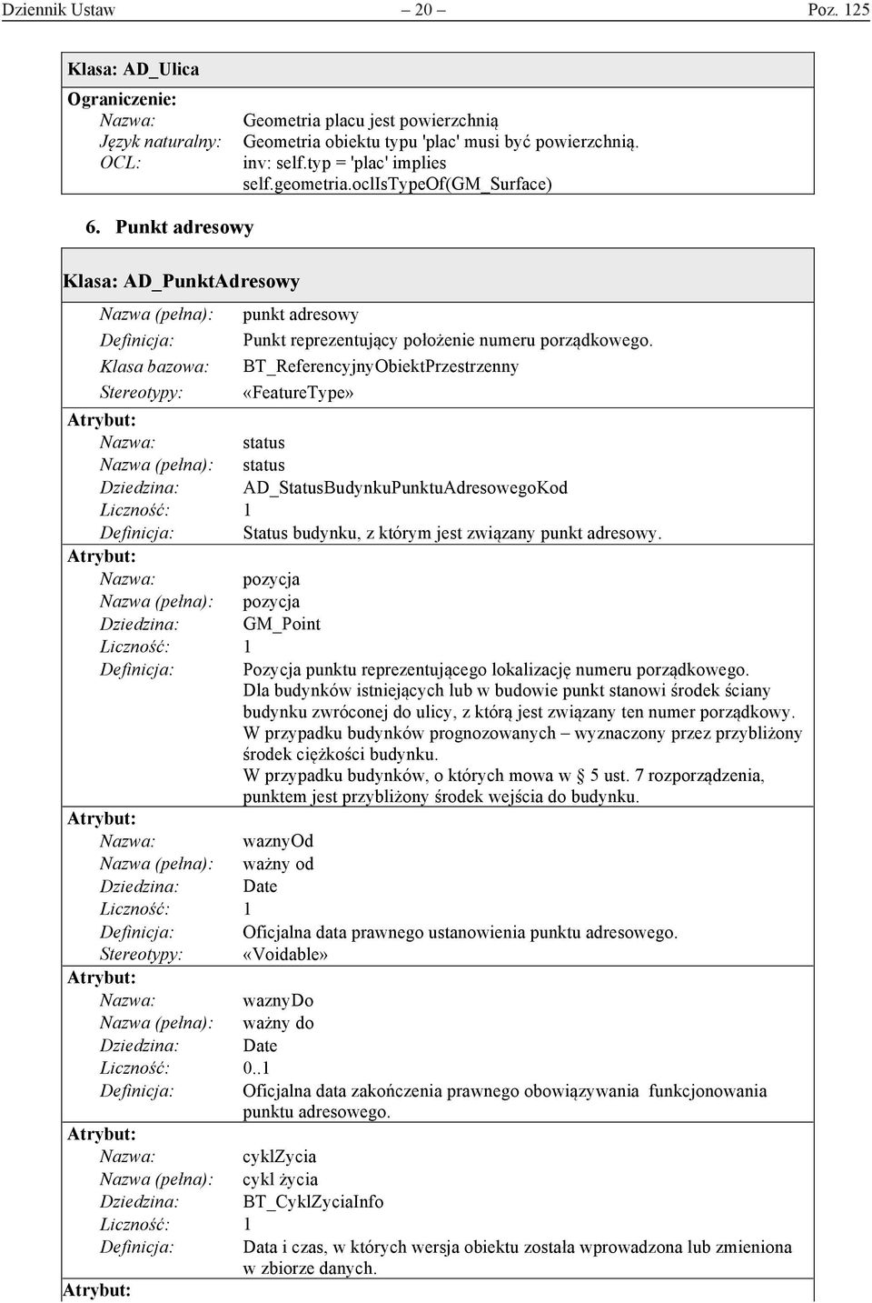 BT_ReferencyjnyObiektPrzestrzenny «FeatureType» status status Dziedzina: AD_StatusBudynkuPunktuAdresowegoKod Status budynku, z którym jest związany punkt adresowy.