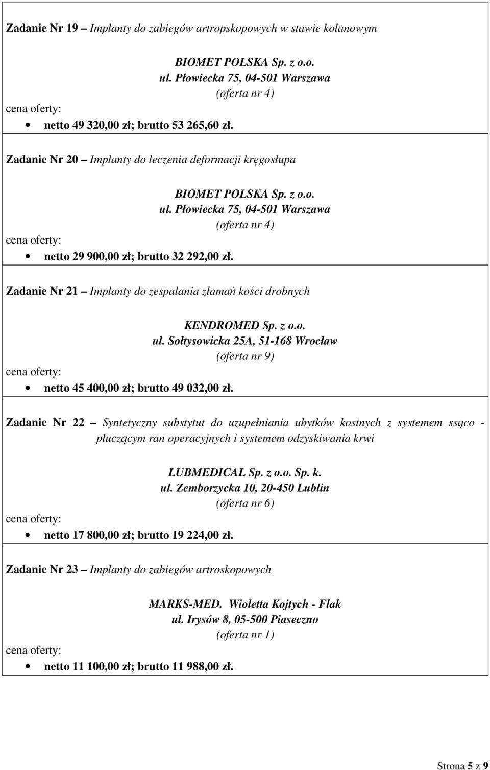 Sołtysowicka 25A, 51-168 Wrocław (oferta nr 9) netto 45 400,00 zł; brutto 49 032,00 zł.